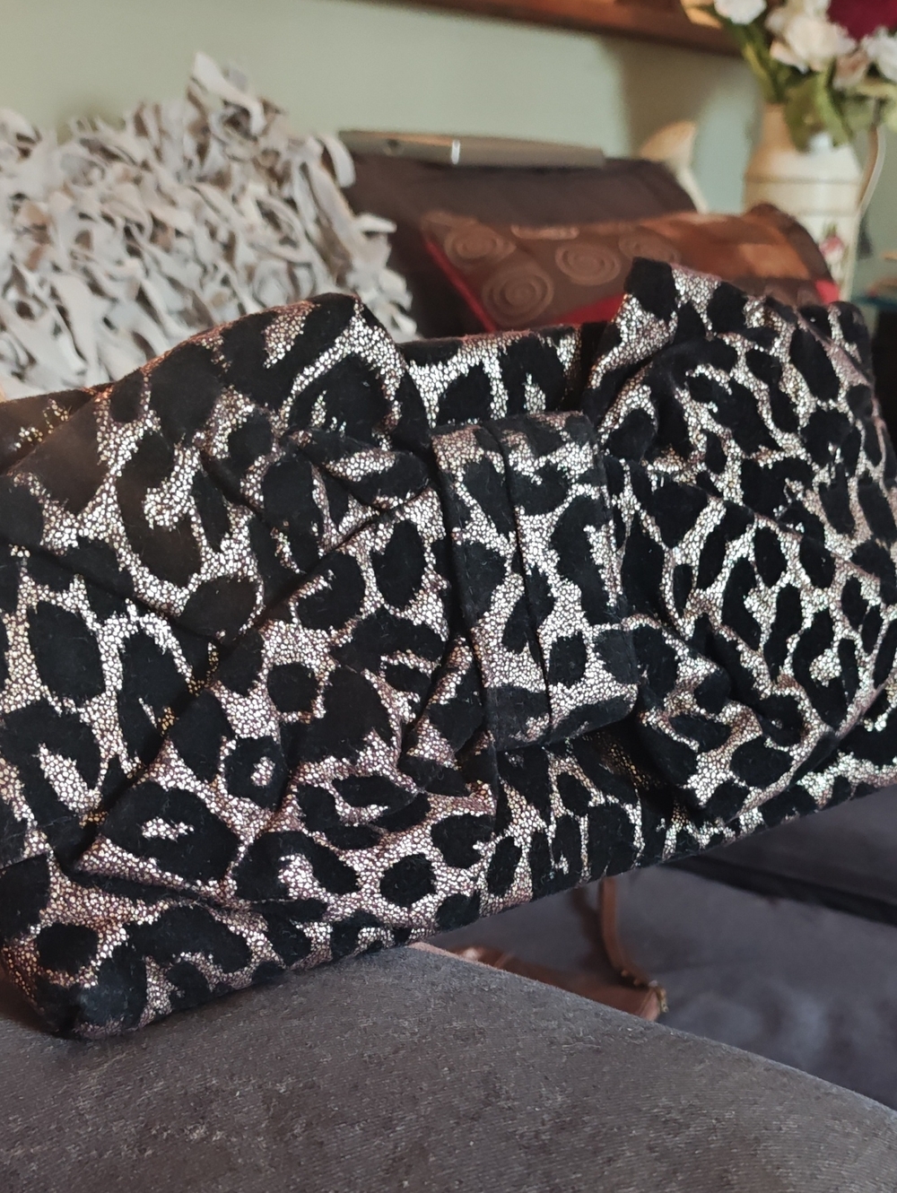 Betsey Johnson Black Iridescent Metallic Animal Print Bow Clutch